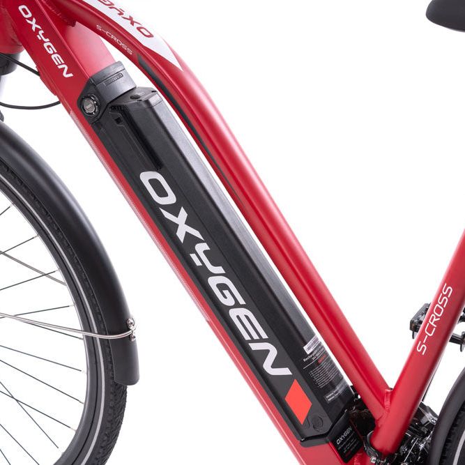 Oxygen S-CROSS ST MKII Step Through Commuter Trekking Urban E-Bike Red Battery Compartment