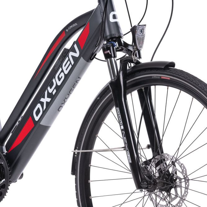 Oxygen S-CROSS ST MKII Step Through Commuter Trekking Urban E-Bike Black Facing Oblique Right Close 